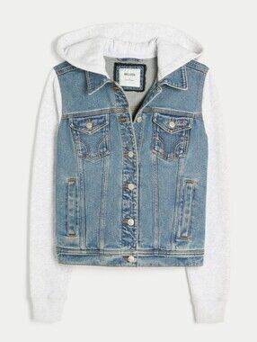Hollister Blue Denim Vest with Light Gray Hoodie Sleeves LIKE NEW SIZE XL